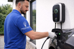 Techniker lädt Elektroauto an Wallbox zuhause