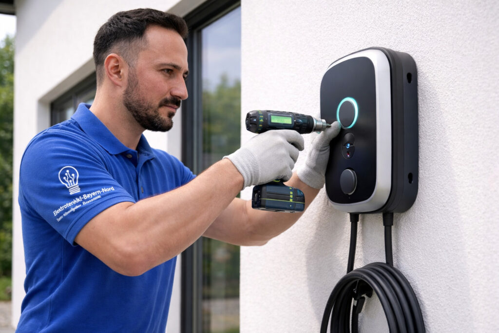 Techniker installiert Wallbox an Hauswand